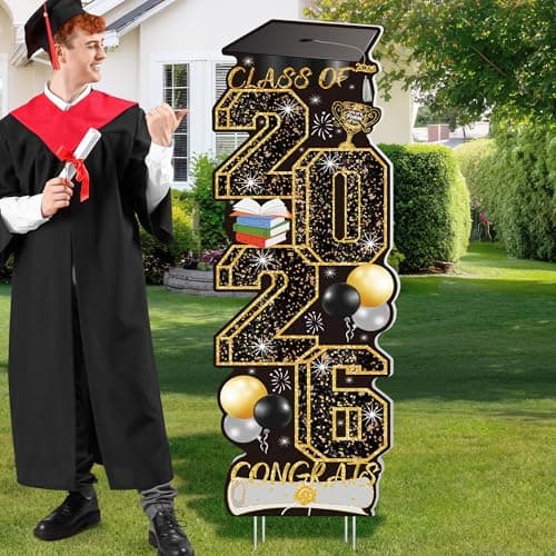 4 Pcs Graduation Yard Signs Class of 2026, Large Black Gold Congrats Grad Sign with Stakes, Grad Yard Signs 2026 for College High School Graduation Decorations Backdrop Outdoor Indoor Decor Supplies