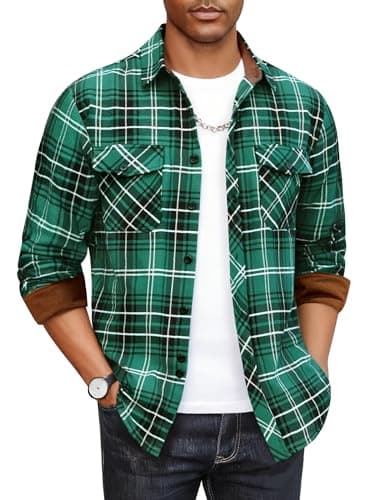 Mens Flannel Shirt Long Sleeve Soft Smooth Plaid Shirts Casual Button Down with Pocket Regular Fit Tops Green S
