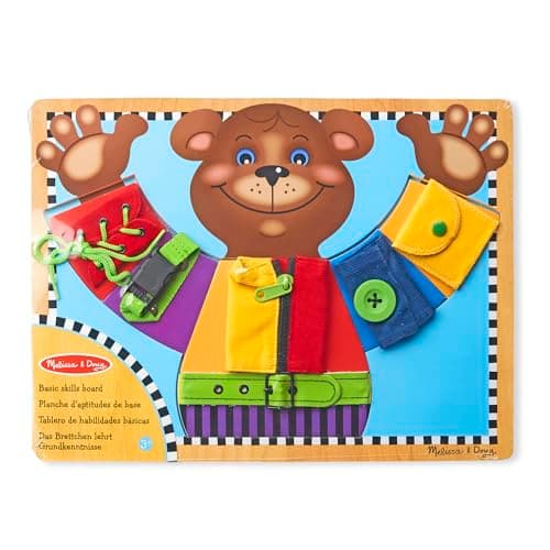 Melissa & Doug Basic Skills Puzzle Board - Wooden Educational Toy Learn to Button Busy Board, Activity for Fine Motor Skills, Developmental Toy for Toddlers Ages 3+