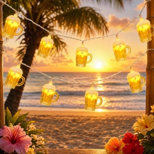 Abeja Beer Mug String Light, 8.5Ft Tropical Beach Theme Outdoor Decorations Beer String Lights with 10 3D Beer Cup Lights, Plug in Beer Fairy Lights for Summer Themed Bar Party Bedroom Decor