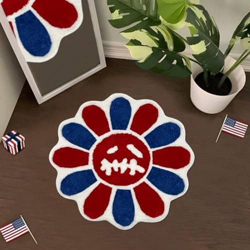 Shovagy Trippy Happy Face Rug 4th of July Bathroom Rugs Patriotic Independence Day Decor Carpet Tufted Quick Dry Non Slip Bath Mats Water Absorbent 2FT Red Blue White Bathroom Rugs