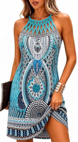 Size L Blue Ocean Summer Dresses for Women 2026 Casual Floral Hollow Out Halter Neck A-line Beach Vacation Holiday Sundresses with Pockets