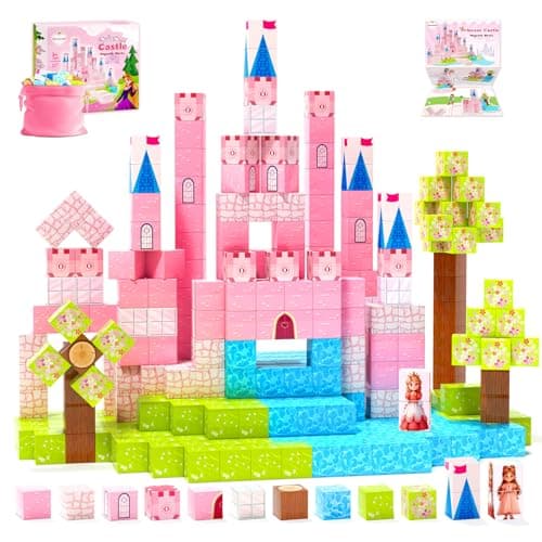 Hiwawind Large Magnetic Blocks 64Pcs (1-Inch), Princess Castle Building Toys, Birthday Gifts for 3 4 5 Year Old Girls, STEM Toddler Travel Toys for Age 3-8