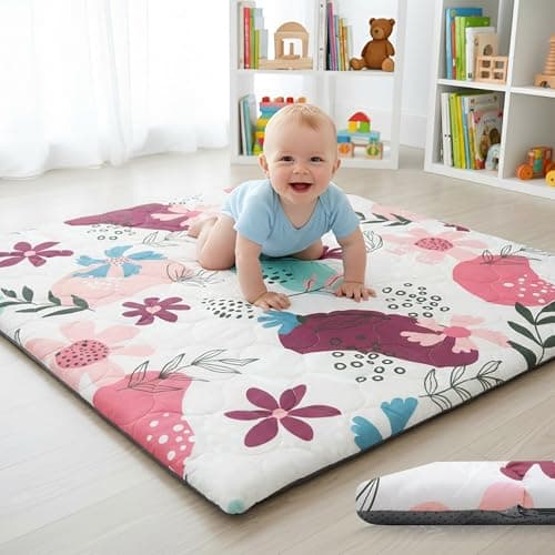 PaPaMat 1.5" Thick Premium Foam Baby Play Mat 50x50 Removable & Machine Washable Cover for Baby Tummy Time, Softness Easy Clean Waterproof & Non-Slip Backing Safe for Crawling (Floral)