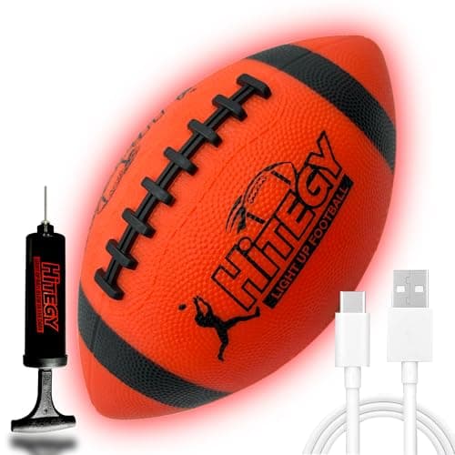 HITEGY Rechargeable Glow in the Dark Football - USB Charging, Official Size 6, Light Up with Every Catch and Throw, Includes Pump & Charging Cable - Rechargeable Light Up Football - Orange