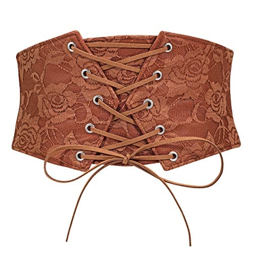 TRIWORKS Women Waist Belt Corset Lace Up Tied Waspie Elastic Wide Belt for Dresses Halloween Pirate Corset Coffee
