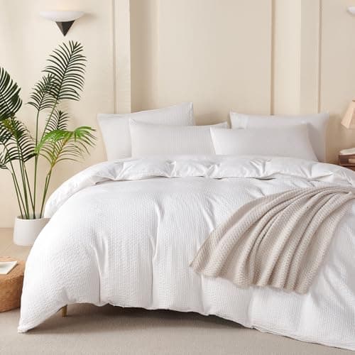 BUPIRD White Striped Queen Comforter Set 100% Soft Washed Microfiber Jacquard 3 Pieces Striped Bedding Sets White Comforter Queen for All Seasons and 2 Pillowcases Comfort Breathable