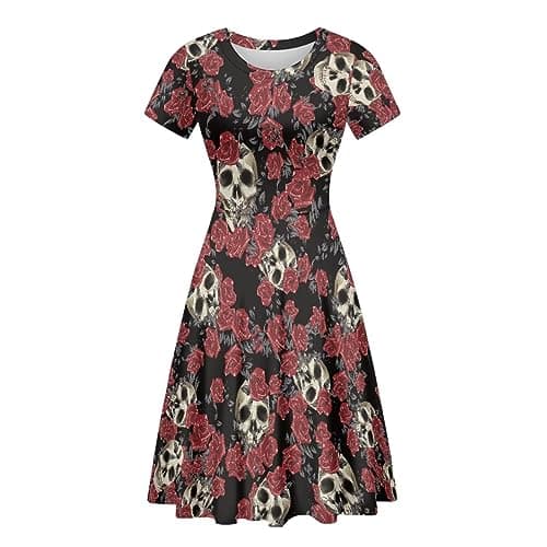 AmzPrint Skeleton Skull Red Rose Art Halloween Costumes for Women Short Sleeve Round Neck Elastic Waist Smocked Mini Dress