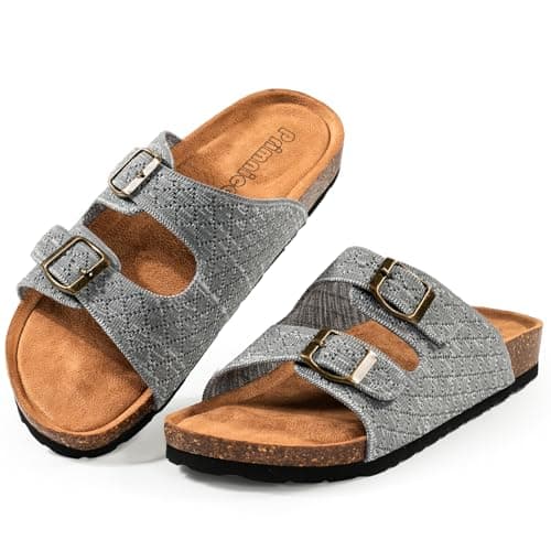 PRIMNICE Women’s Comfort Arch Support Cork Footbed Flat Sandals Adjustable Buckles Breathable Knit Straps Beach Sandals Indoor and Outdoor Slides Sandals