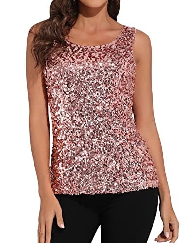 PrettyGuide Women Shimmer Glam Sequin Embellished Sparkle Tank Top Vest Tops L Pink Pink