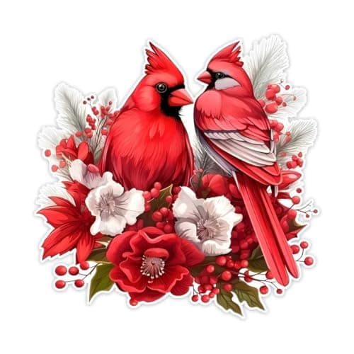 2-Pack 4.72"x4.72" Festive Red Birds & Flowers Vinyl Decal - Self-Adhesive Sticker for Car, Laptop, Truck, Motorcycle, Window, Wall - Irregular Shape, Durable Decoration, Versatile Decals |#AZ388