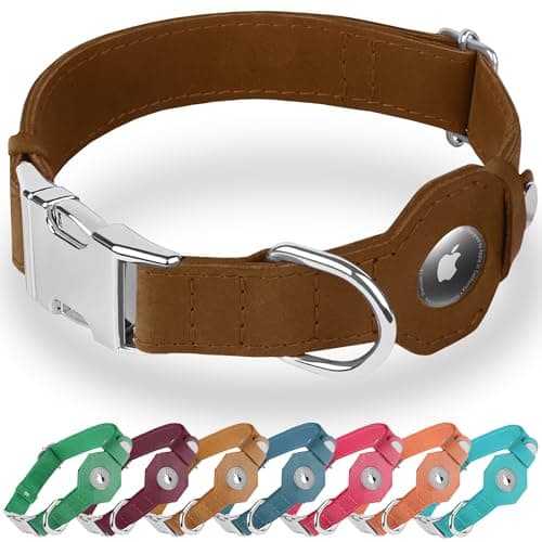 BUDKAS Leather Dog Collar with Airtag Holder - Soft Adjustable Airtag Dog Collar with Metal Buckle - GPS Tracking Apple Air Tag Pet Collar for Small Large Dogs (Brown, M, 14"-18" Neck Fit)