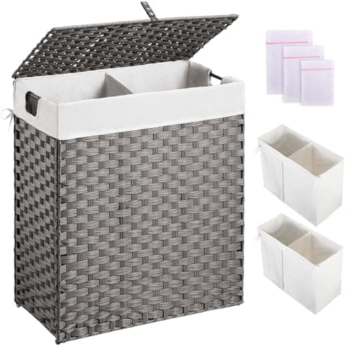 Greenstell Laundry Hamper with 2 Removable Liner Bags - 90L Divided Clothes Hamper, Handwoven Rattan Foldable Laundry Basket with Lid and Handles, No Assembly Needed, 18.3x13.3x24.0 Inch, Gray
