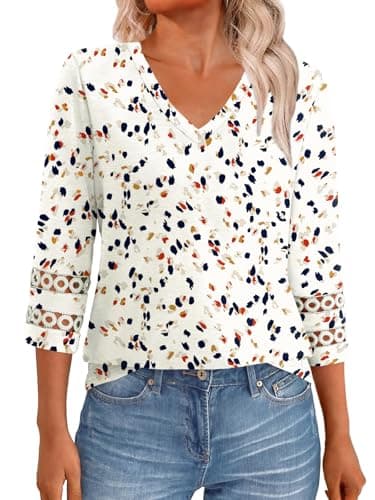 GKBK 3/4 Length Sleeve Womens Tops Dressy Casual Blouses for Women 2026 Trendy Business V Neck Outfits Tshirts T Shirts Summer Fashion Clothes White Apricot Floral L