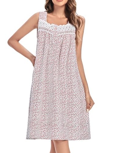 FMIRREO Cotton Nightgown for Women Sleeveless Comfy Sleepdress Lightweight Sleepwear Victorian Cool Cozy Nightdress