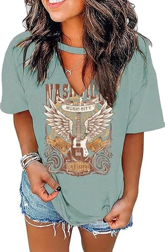 Tennessee Whiskey Shirts for Women Country Music T-Shirts Hollow Out V Neck T-Shirt Womens Keyhole Neck Tops(Small,Green)