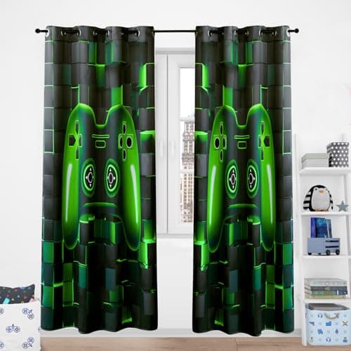 PERFEMET Game Blackout Boys Curtains Panel Set of 2 Video Gamer Console Cutain Drapes 84 inch Length 3D Cool Gamepad Grommet Window Curtains for Kids Teens Bedroom Living Room Decor(Green, 42x84inch)