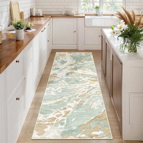 DEXDE 2x6 Runner Rug Washable Modern Abstract Non Slip Low Pile Throw Rugs Soft Indoor Carpet for Hallway Kitchen Bedroom Bathroom Laundry Entrance,Blue Bedside Living Room, Green