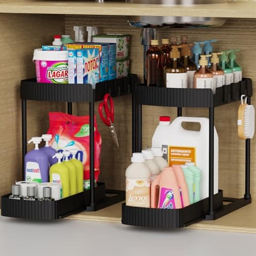 Ukeetap Multi-Purpose Pull-Out Storage Organizers, Under Sink/Cabinet Organizers and Storage for Bathroom & Kitchen, Black, 12.8 Inches, 2 Packs