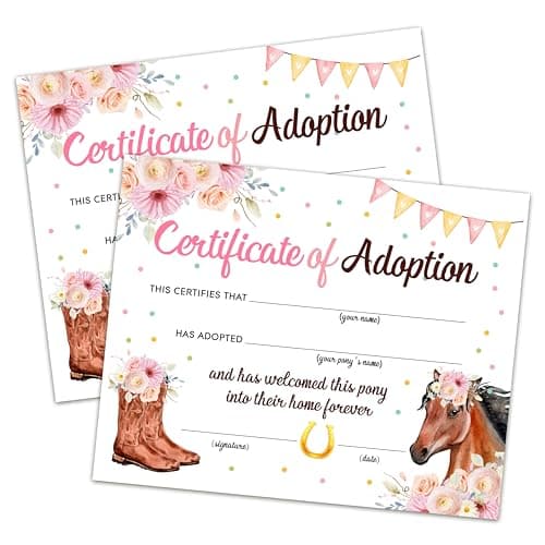 Horse Adoption Certificate - Adopt A Pony Certificate for Girl Cowgirl - Horse Adoption Party Decorations - Horse Pony Birthday Party Favors Supplies, 10 Adoption Certificates (CC11)