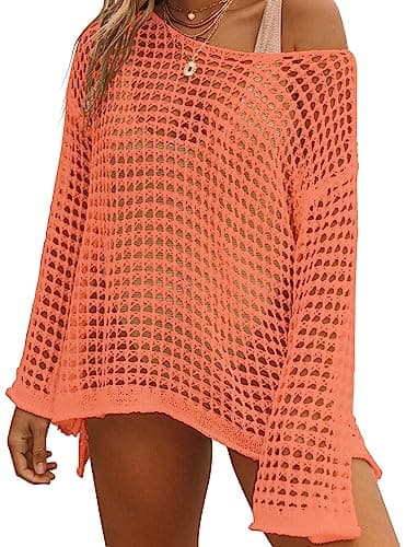 Hount Womens Swimsuit Coverups 2025 Summer Crochet Bathing Suit Bikini Cover Up Long Sleeve Beachwear Tunic Tops Orange M