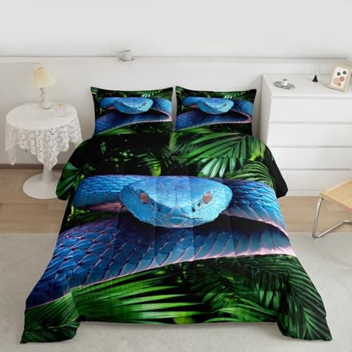Erosebridal Snake Comforter Set Queen, Blue Snake Duvet Set, 3D Reptile Bedding Comforters, Blue Scales Quilt Set, Palm Leaf Wild Animal Stylish Quilted Duvet for Kids Boys Teens Man Bedroom Decor