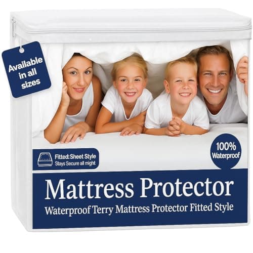 100% Waterproof King Size Mattress Protector, Premium Fitted Cotton Terry Cover with Stretchable Deep Pockets, Machine Washable White Mattress Cover for Bed