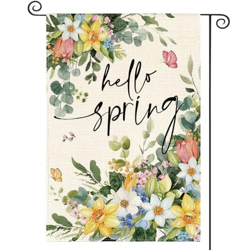 AVOIN colorlife Floral Hello Spring Garden Flag 12x18 Inch Double Sided Outside, Seasonal Eucalyptus Flowers Welcome Yard Outdoor Flag