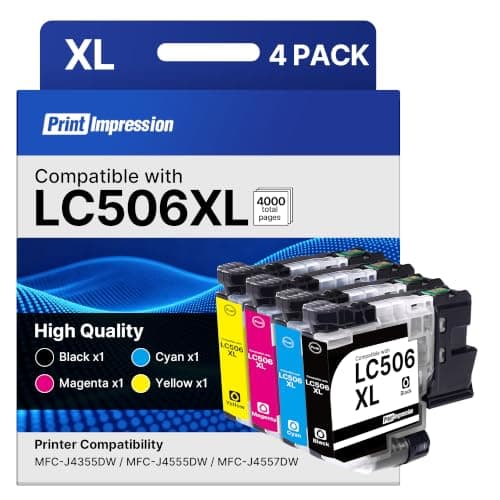 LC506 LC506XL Ink Cartridges High Yield Compatible with Brother LC506XL Ink Cartridges LC 506 XL for Brother MFC-J4355DW MFC-J4555DW MFC-J4557DW Printer (4 Pack, Black, Cyan, Magenta, Yellow)
