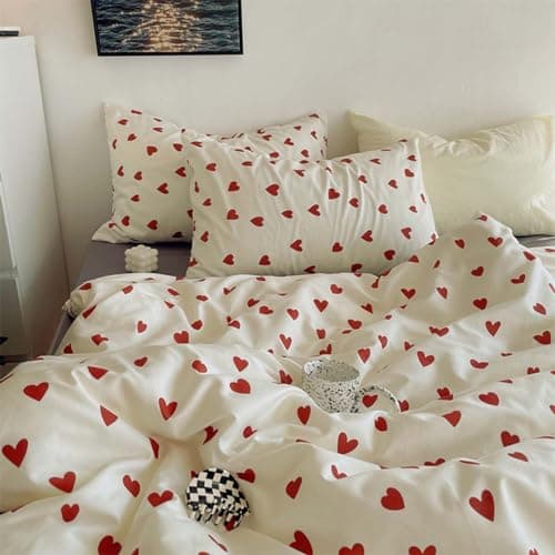 Nayoroom Heart Duvet Cover Full Size Cute Red Love Printed On White Bedding Set 3Pcs Kids Girls Kawaii Heart-Shaped Pattern Comforter Cover With Zipper Closure Soft Breathable Microfiber