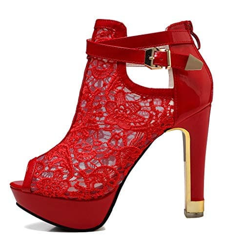 getmorebeauty Women's Red Pretty Lace Flowers Open Toes High Heels Ankle Boots 6 US