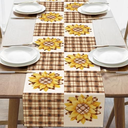 Croar Vintage Sunflower Dining Table Runner, Retro Spring Summer Flower Brown Buffalo Plaid Burlap Kitchen Decoration, Fall Floral Farmhouse Rustic Indoor Outdoor Home Decor Party Supply 13x72 Inches