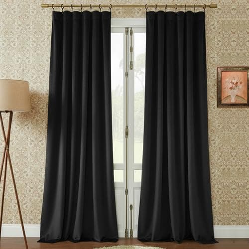 Timeper Black Pleat Back Tab Velvet Curtains W52 x L84 inches 2 Panels, Blackout Solid Home Decor Curtains for Bedroom Living Dining Room Thermal Insulated Luxury Super Soft Window Drapes