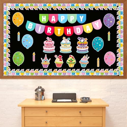 80 PCS Birthday Bulletin Board Decorations Set, Happy Birthday Classroom Wall Decor with Letters, Balloons, Cake, Banners and Borders, Birthday Party Wall Cutouts for School Class Teaching Supply