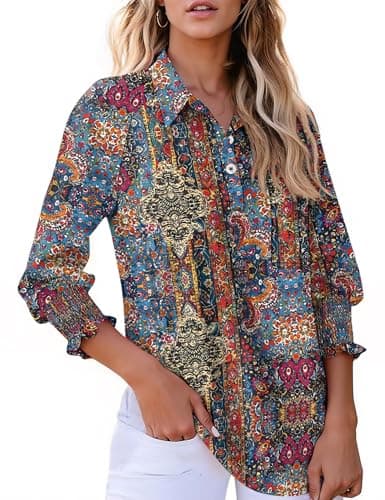 Kistore Women's Dressy Casual Tops Button Down 3/4 Sleeve Boho Printed Tops V Neck Work Blouses Printed Boho Tunic L