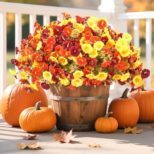 Lcuasc 10 Bundles Fall Flower Faux Mums for Outdoor,UV Resistant Silk Morning Glory Artificial Fake Flowers with Eucalyptus for for Autumn Garden Patio Yard Balcony Front Door Planter Decor
