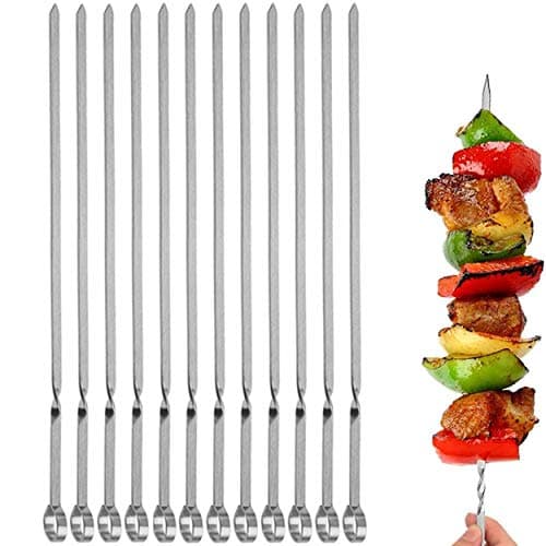 12PCS Kabob Skewers Flat Metal BBQ Barbecue Skewer 14" Long Stainless Steel Shish Kebob Sticks Wide Reusable Grilling Skewers Set for Meat Shrimp Chicken Vegetable, 12 Pack