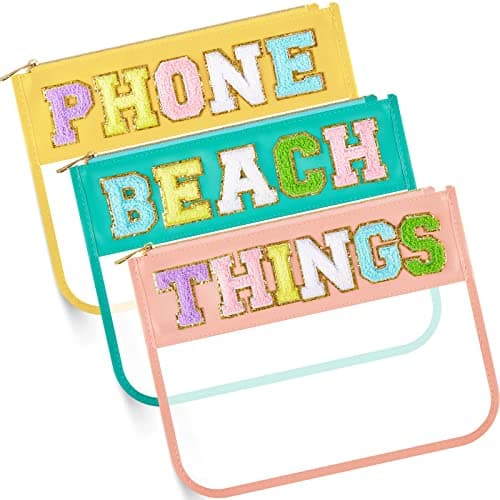 Patelai 3 Pcs Chenille Letter Zipper Pouch for Travel Clear Snack Bags Waterproof Cosmetic Pouch Nylon Gym Beach Multipurpose Makeup Bag for Women Girl(Beach, Phone, Things,Candy Color)