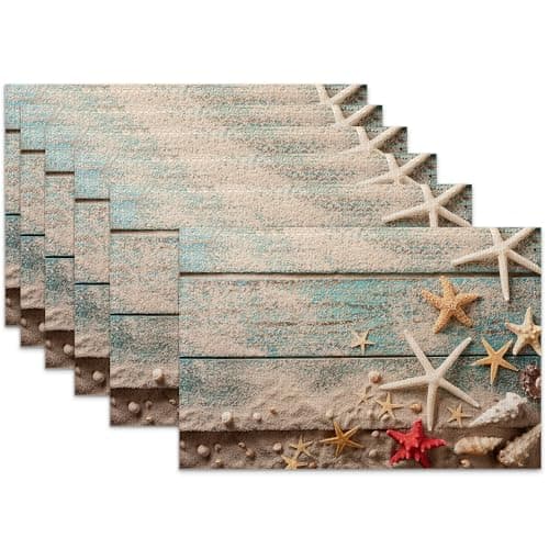 Beach Seashell Starfish Placemats Set of 6,Blue Wooden Heat Resistant Table Mats Washable Place Mats for Party Kitchen Farmhouse Home Dining Holiday Decor 12x18 Inch