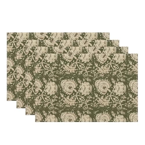 Boho Place mats Set of 4,12x18 Inches Sage Green Block Print Floral Decorative Spring Summer Flower Decor Placemats Rectangle Linen Table Mats for Party Home Kitchen Dining Table Decoration