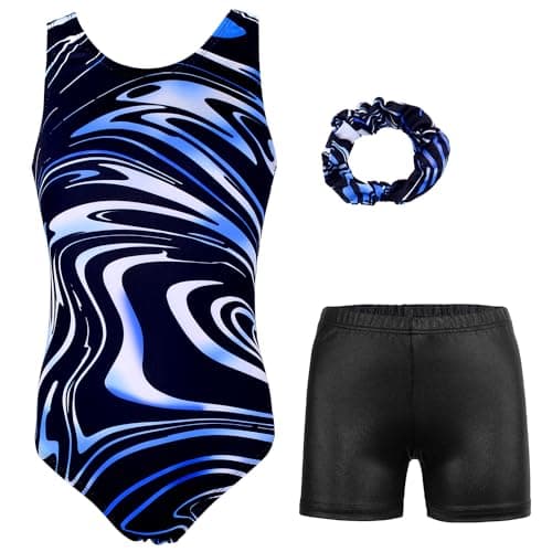 MODAFANS Gymnastics Leotards for Girls with Shorts Ballet Dance Set Activewear Black-blue Ripple,4-5Years