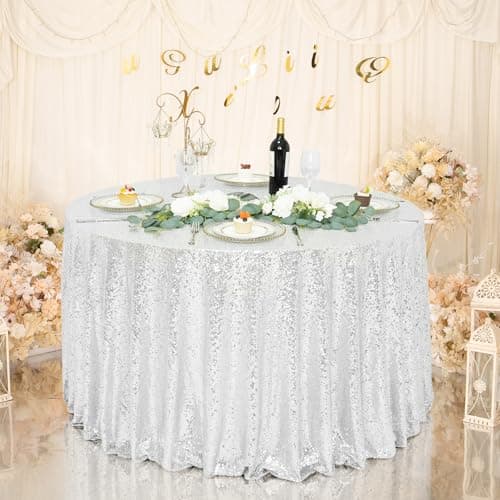 Eternal Beauty Silver Tablecloth, 120 Inch Round Sequin Tablecloth for Party Cake Dessert Table Exhibition Events