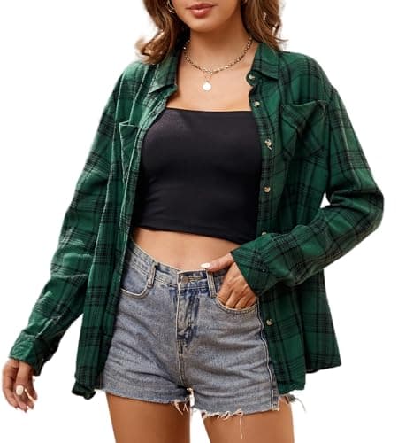 Alex Vando Womens Flannel Shirt Regular Long Sleeve Button Down Flannel Shirts for Women,Green/Black,M
