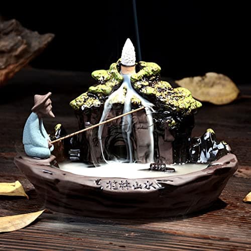 Guilin Landscape Backflow Incense Burner, Handmade Ceramic Waterfall Incense Stick Cone Holder with 20 PCS Incense Cones and 30 PCS Incense Sticks
