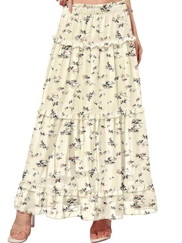 CYiNu Women's Long Skirt Chiffon Elastic High Waist Floral Swing Boho Maxi Skirts(Beige Flora,S)