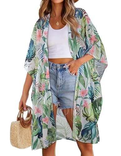 Womens Swimsuit Coverups Summer Loose Cardigans for Swimwear Lightweight Beach Kimono(Flower with Leaves,S)