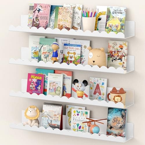 Gattlukd Floating Shelves for Wall, 23 Inch Metal Nursery Book Shelves 4 Pack, Wall Mounted Book Shelf for Kids Room, Bedroom, Bathroom, Playroom Decor (White)