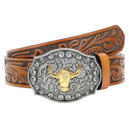 SANSTHS Mens Cowboy Belt Western Bull Buckle Belt for Men Womens Floral Embossed Leather Belts for Jeans, Brown