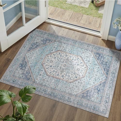 DCX Machine Washable Blue Entryway Rug 2x3, Non Slip Stain Resistant Vintage Floral Rug for Kitchen Bathroom Front Door Throw Rugs Indoor, Soft Low Pile Small Rugs for Entry