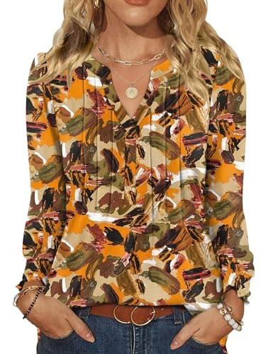 LOMON Dressy Tops for Women Fall Clothes Womens Long Sleeve T Shirts Pleated V Neck Tunic Tops Basic Tops for Woman Orange Brown Print S